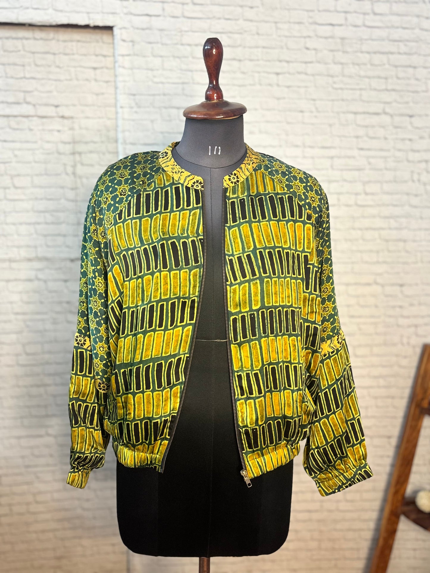 Green Yellow Modal Silk Ajrakh Unisex Bomber Jacket