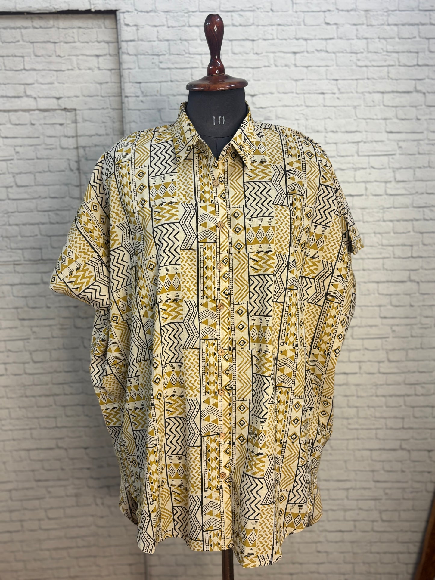 Off White Yellow Bagru Cotton High Low Shirt Kaftan