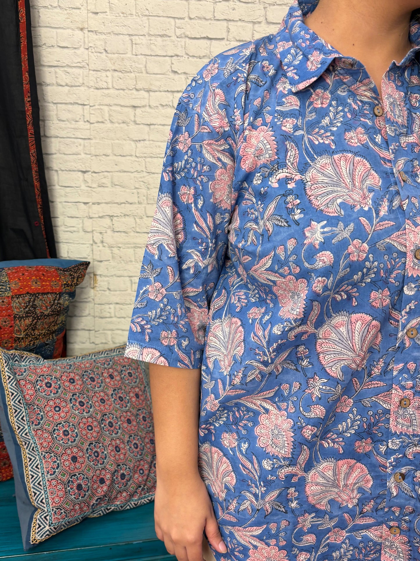 Blue Pink Floral Hand Block Printed Half Sleeves Unisex Shirt