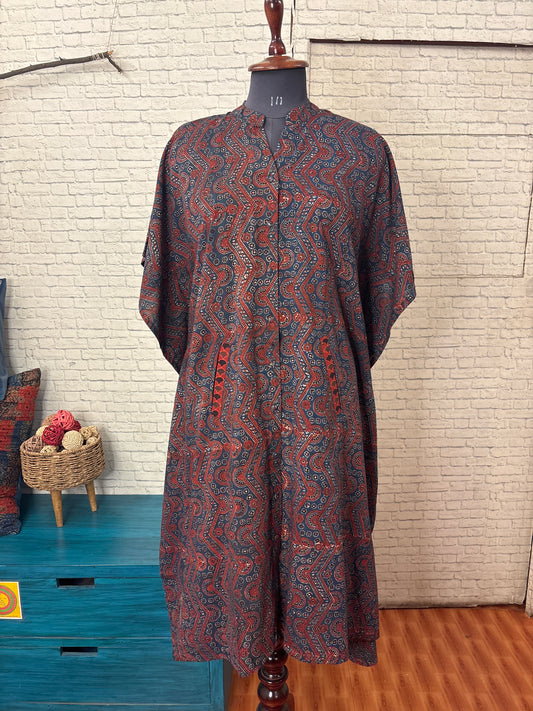 Indigo Red Ajrakh High Low Midi Cotton Shirt Kaftan