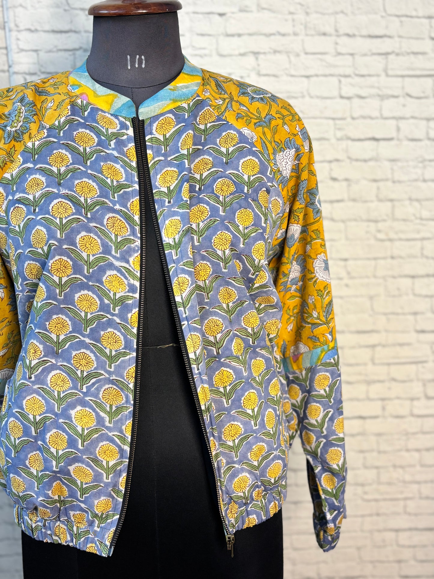 Grey Yellow Hand Block Printed Unisex Bomber Jacket