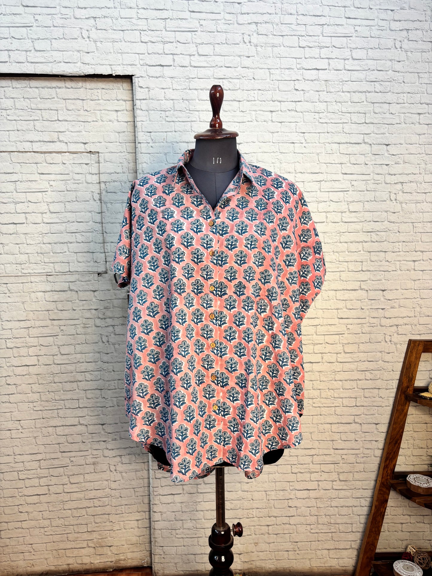 Peach Teal Hand Block Printed Cotton High Low Shirt Kaftan