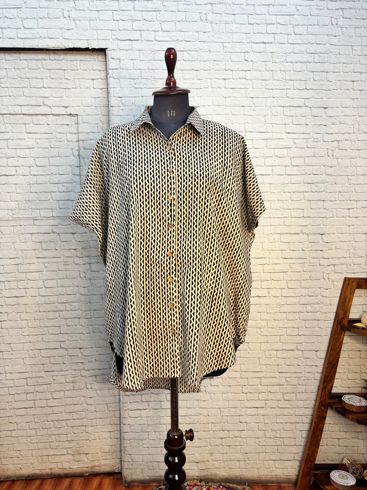 Black White Hand Block Printed Cotton High Low Shirt Kaftan