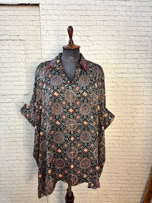 Black Red Modal Silk Ajrakh Kaftan Top