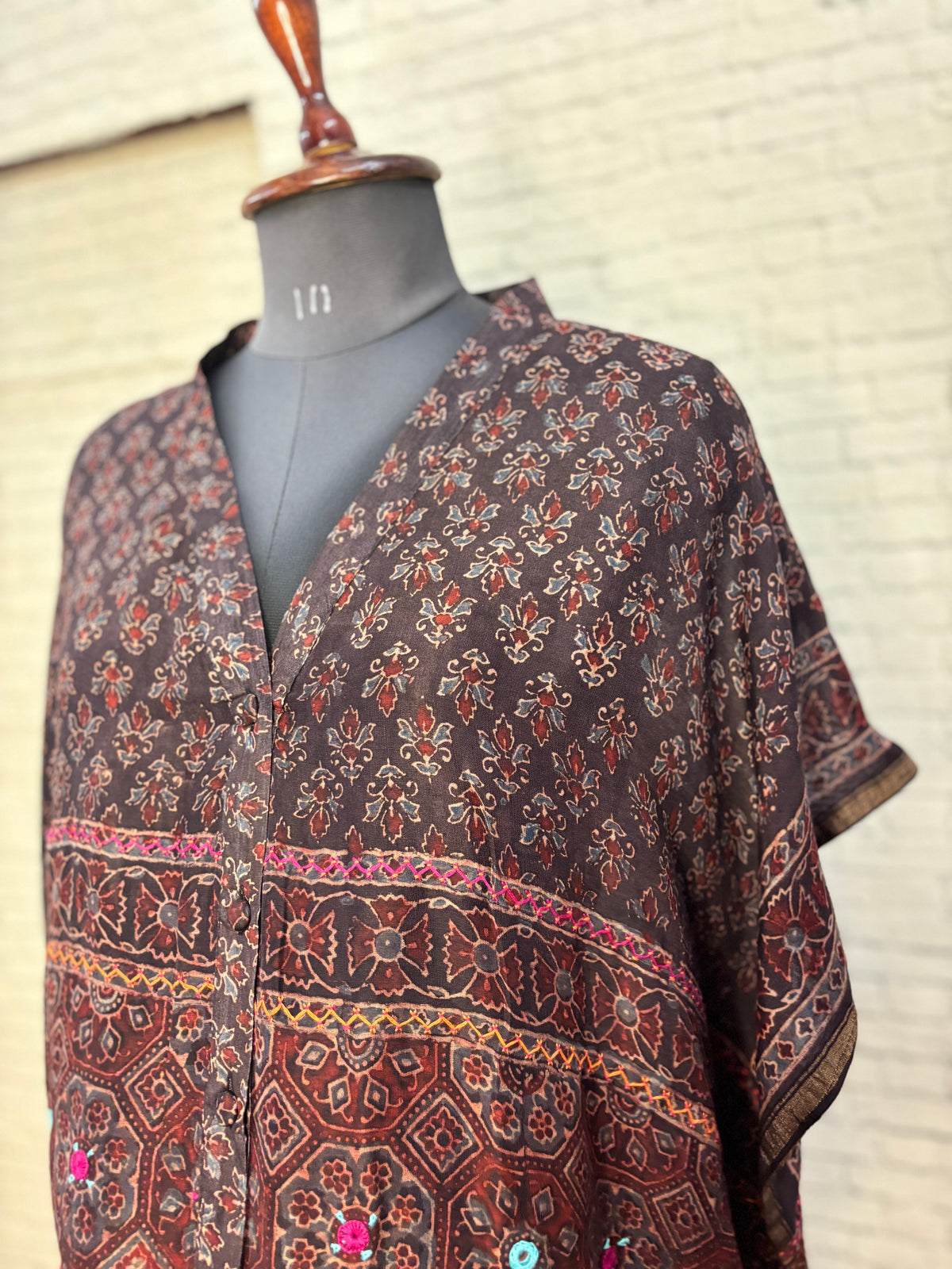 Black Ajrakh Chanderi Shirt Kaftan with Hand Embroidery