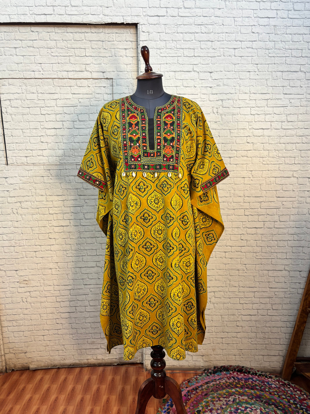 Yellow Green Ajrakh Hand Embroidered Patch Kaftan