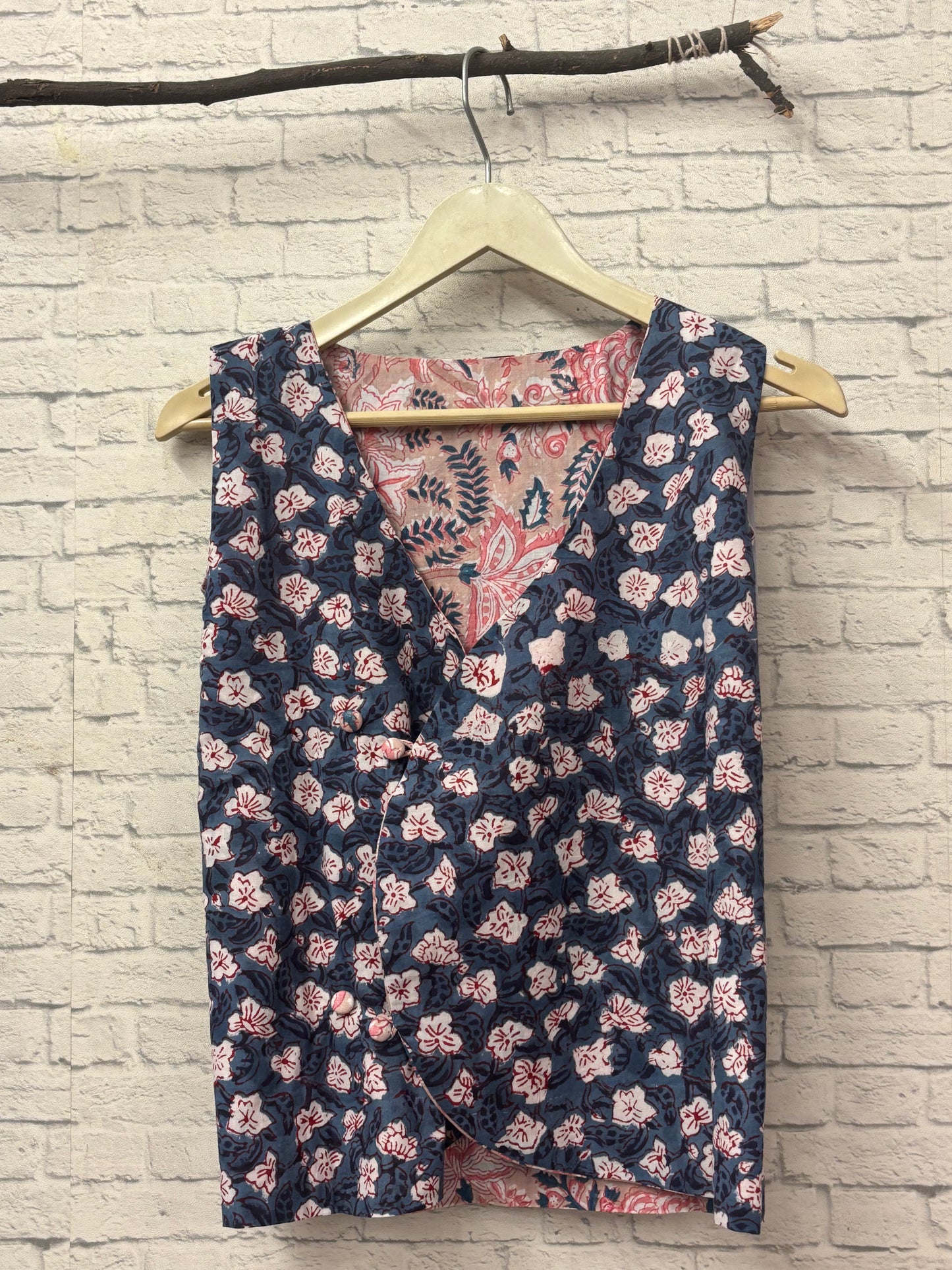 Brown Blue Hand Block Printed Reversible Waistcoat