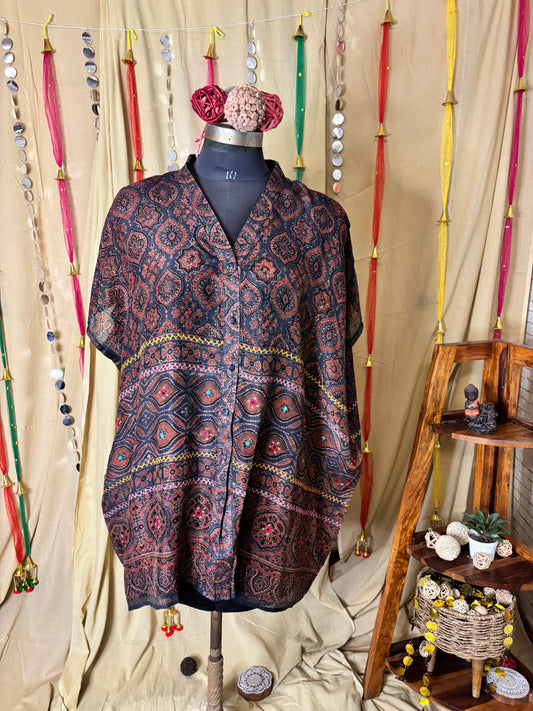 Indigo Red Ajrakh Chanderi Shirt Kaftan with Hand Embroidery