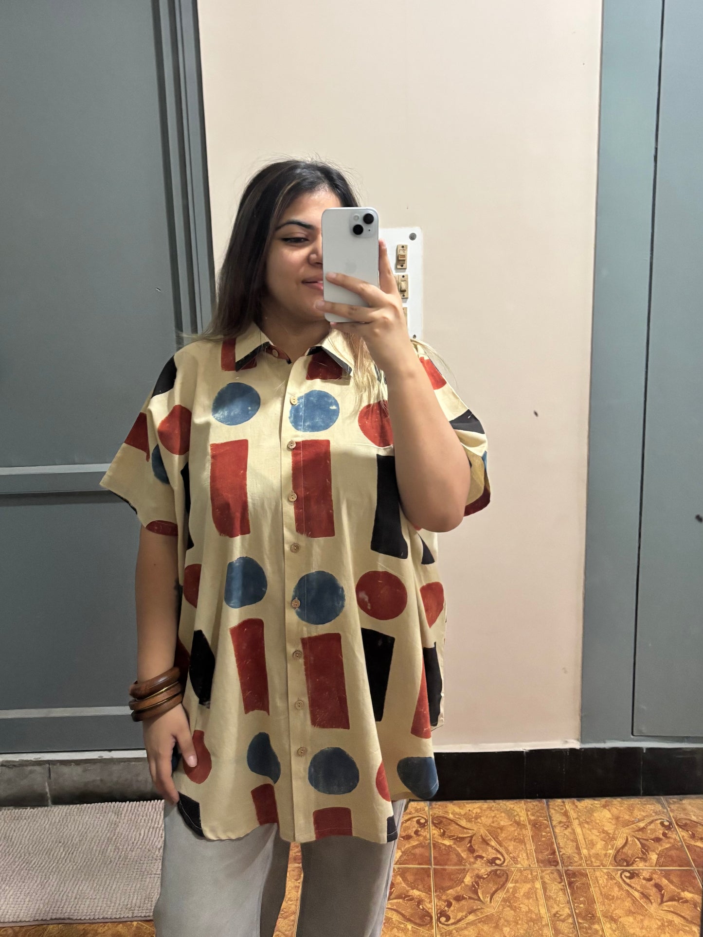 White Geometric Ajrakh High Low Shirt Kaftan