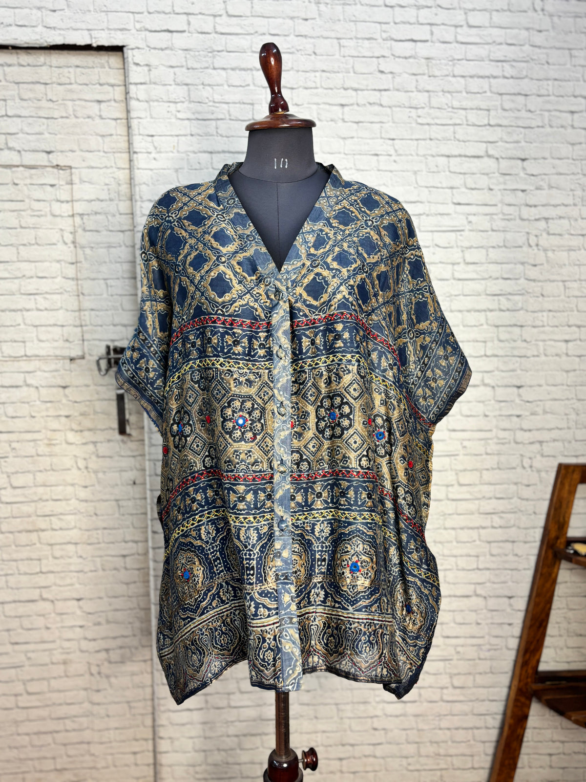 Indigo Green Ajrakh Chanderi Shirt Kaftan with Hand Embroidery
