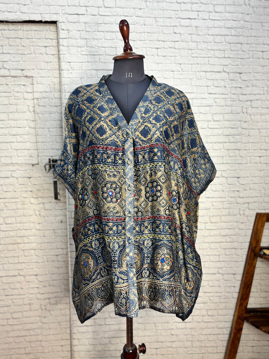 Indigo Green Ajrakh Chanderi Shirt Kaftan with Hand Embroidery