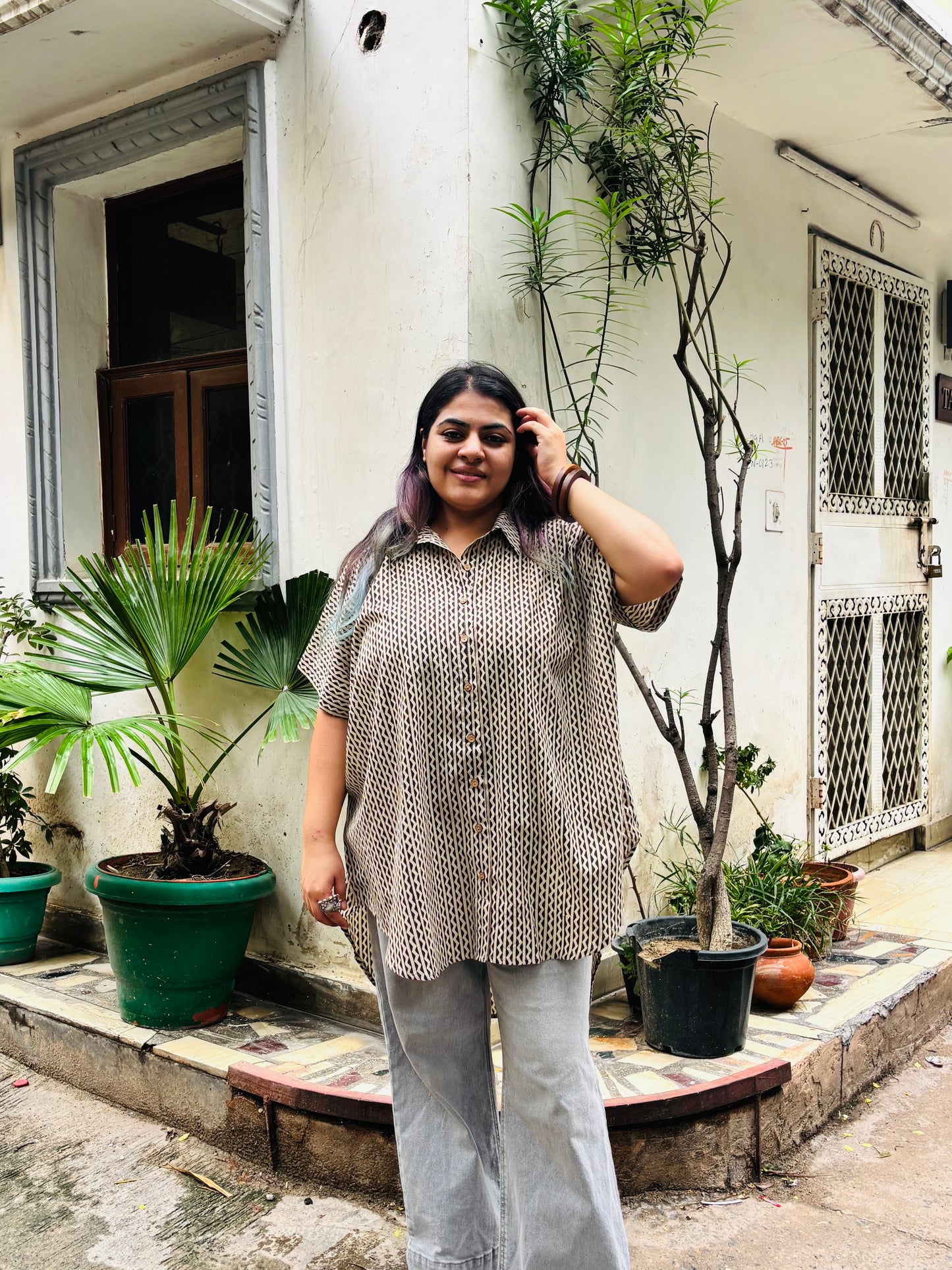 Black White Hand Block Printed Cotton High Low Shirt Kaftan