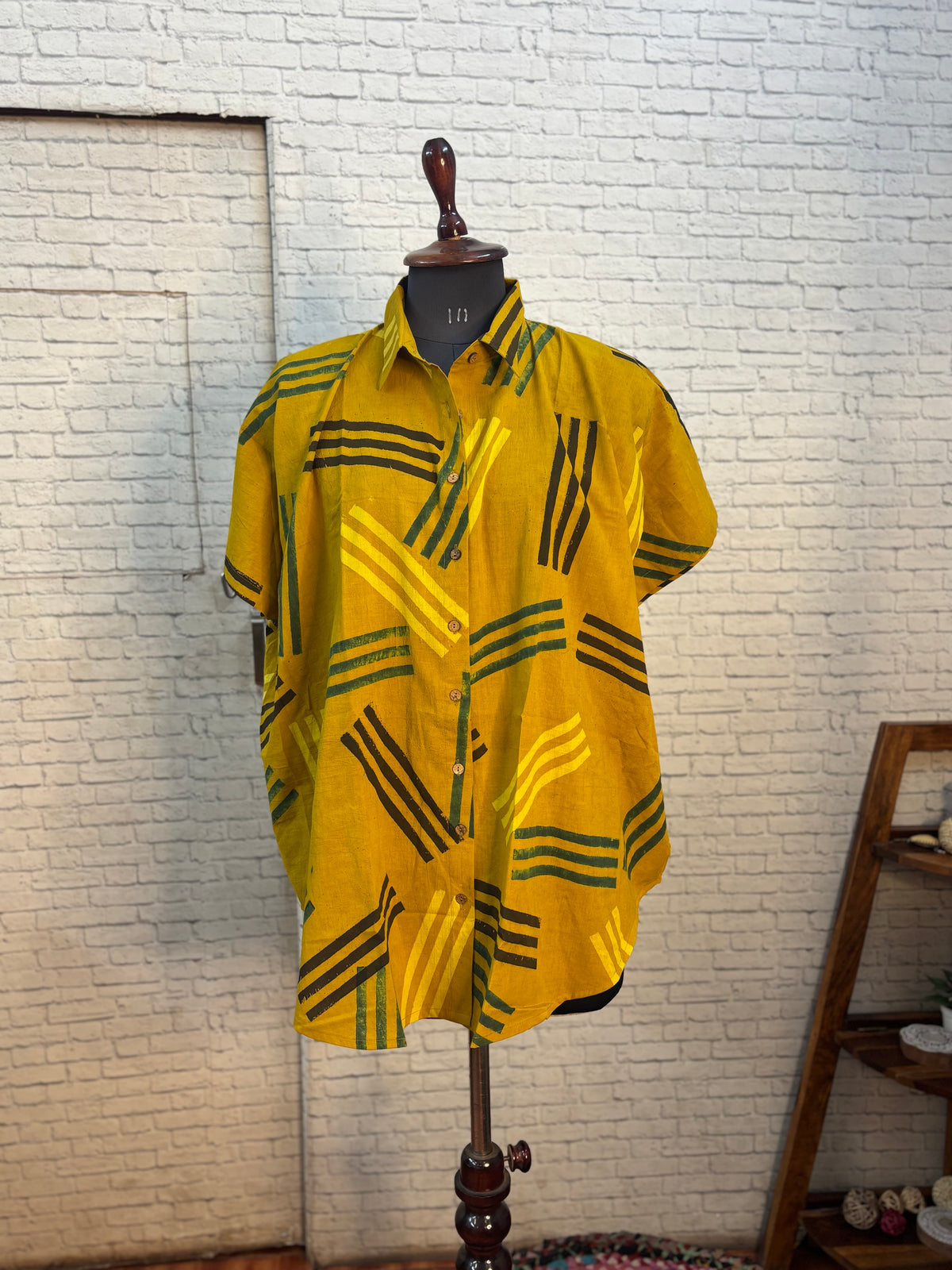 Yellow Ajrakh Hand Block Printed Cotton High Low Shirt Kaftan