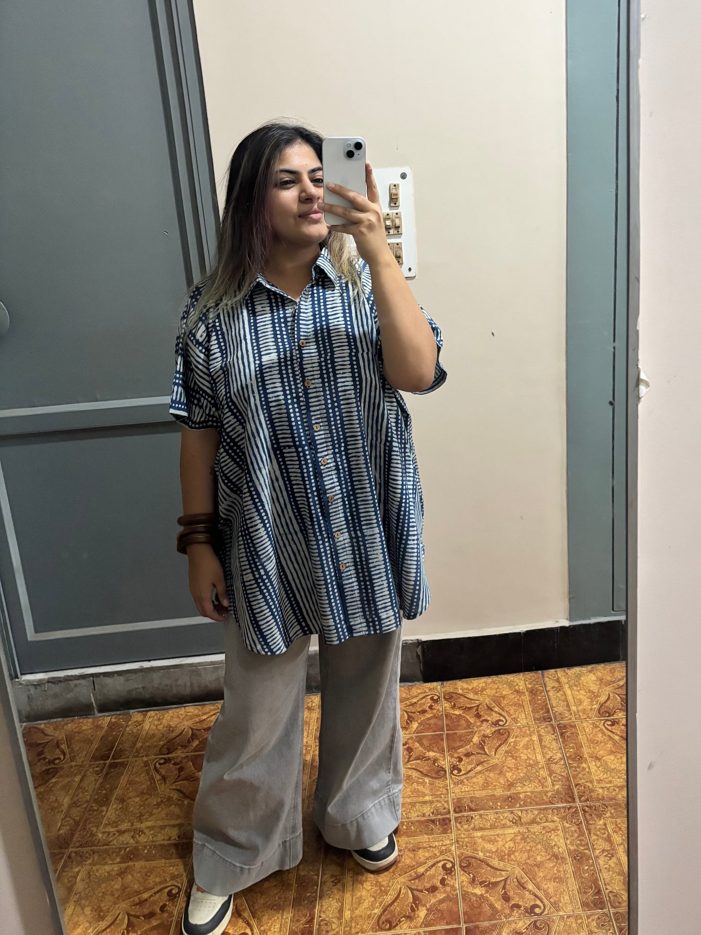 Indigo Dabu Cotton High Low Shirt Kaftan