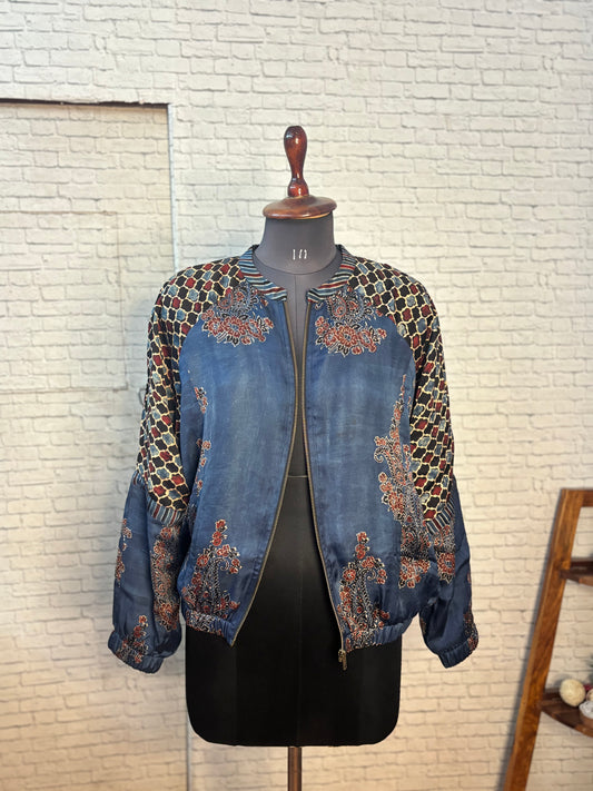 Indigo Black Modal Silk Ajrakh Unisex Bomber Jacket