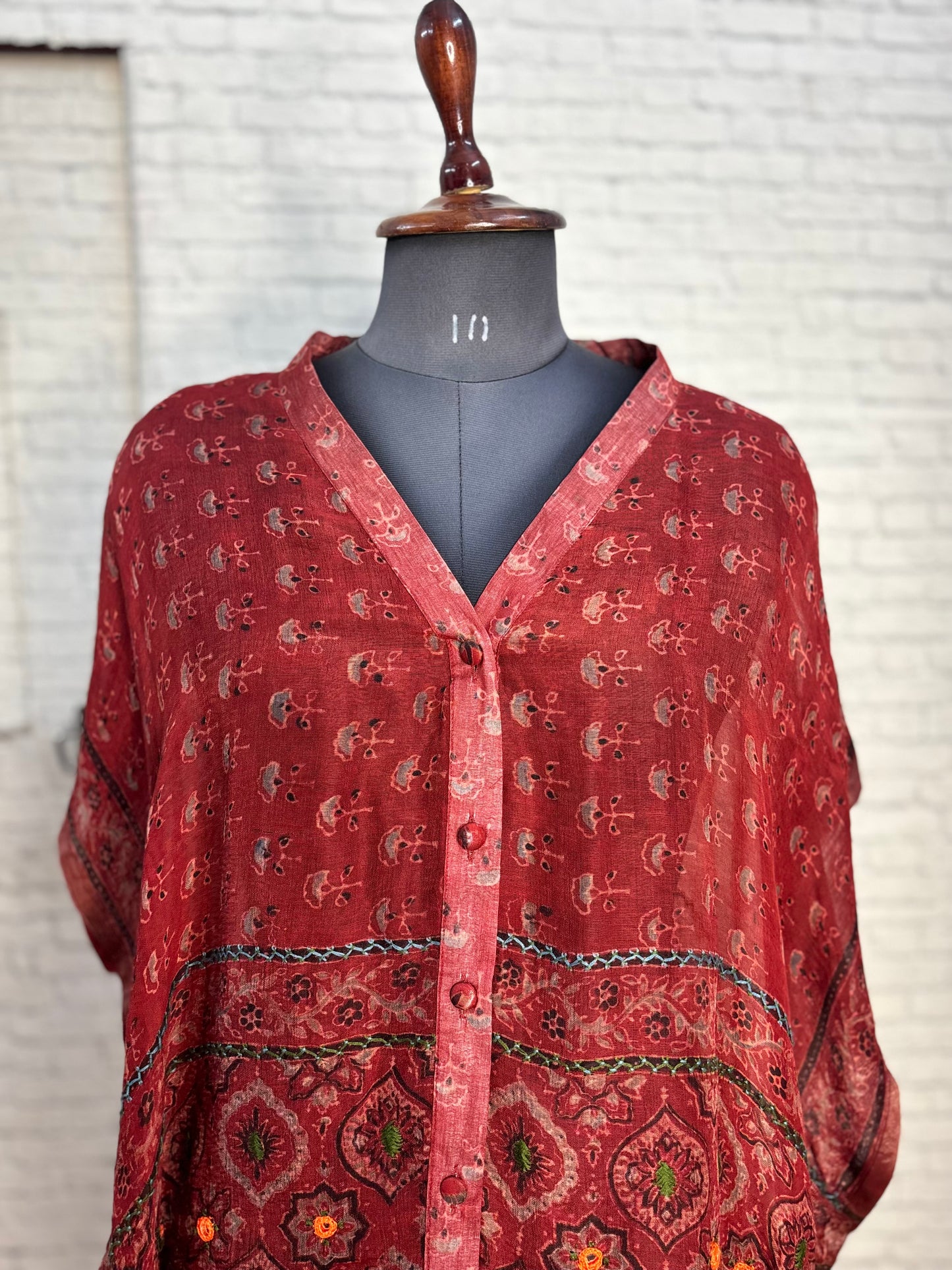 Red Ajrakh Chanderi Shirt Kaftan with Hand Embroidery