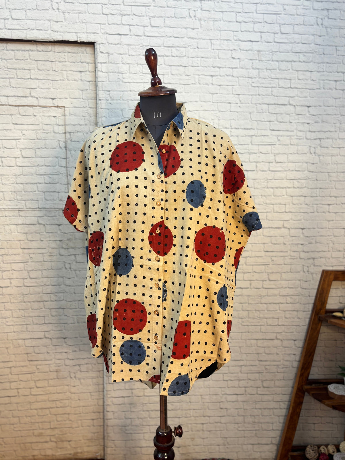 White Ajrakh Dots Hand Block Printed Cotton High Low Shirt Kaftan