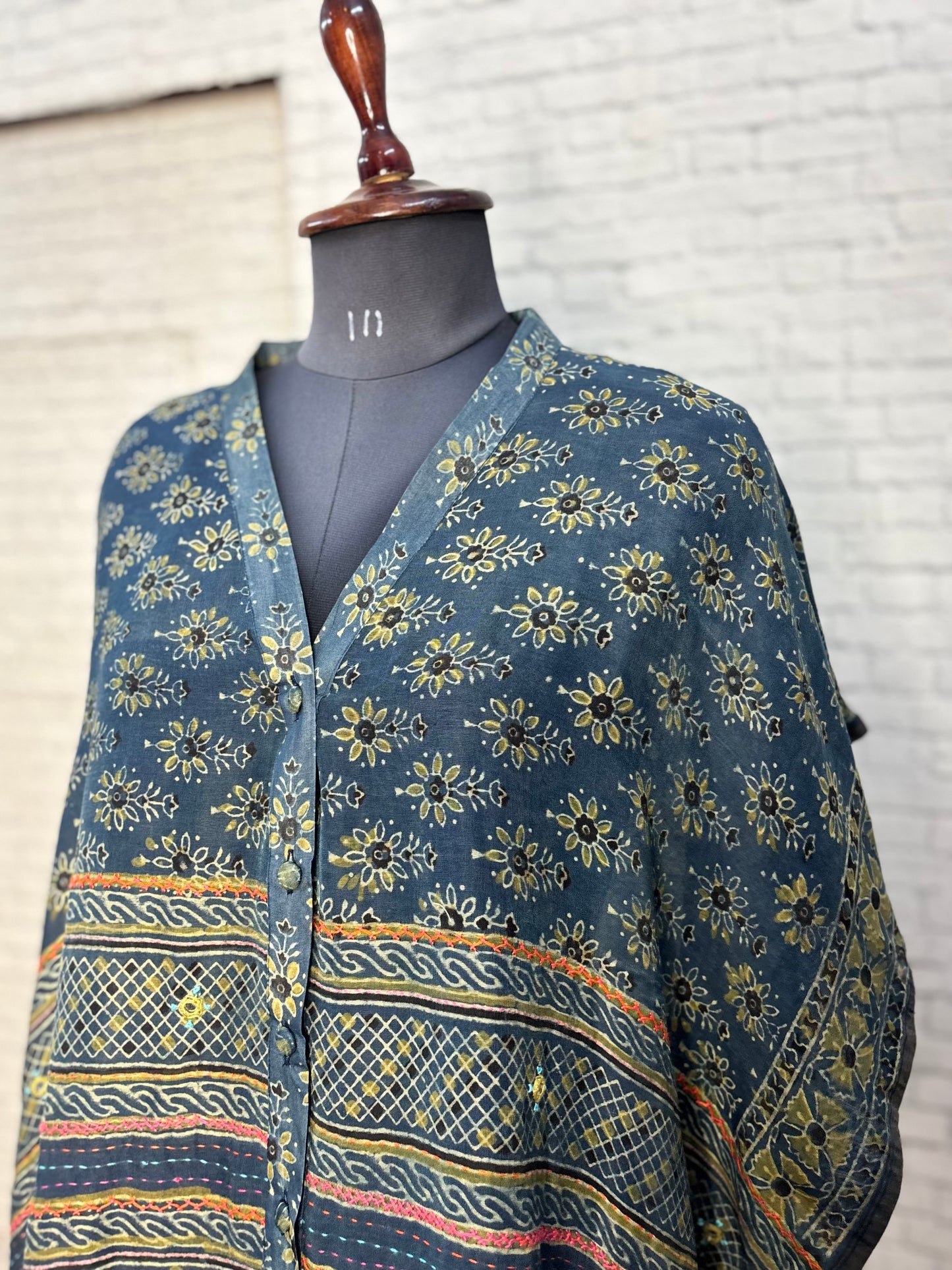 Indigo Green Ajrakh Chanderi Shirt Kaftan with Hand Embroidery