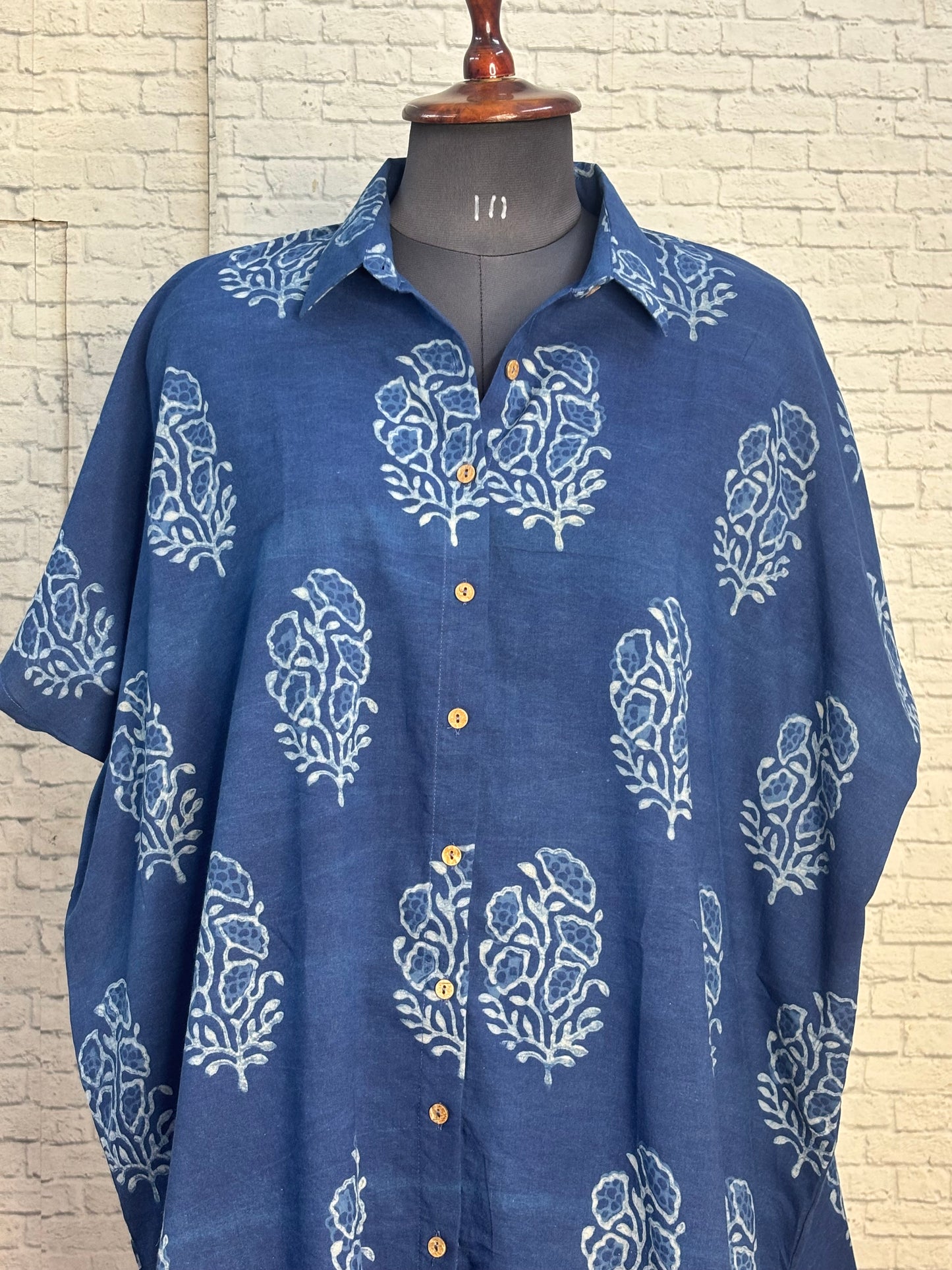 Indigo Flower Cotton High Low Shirt Kaftan