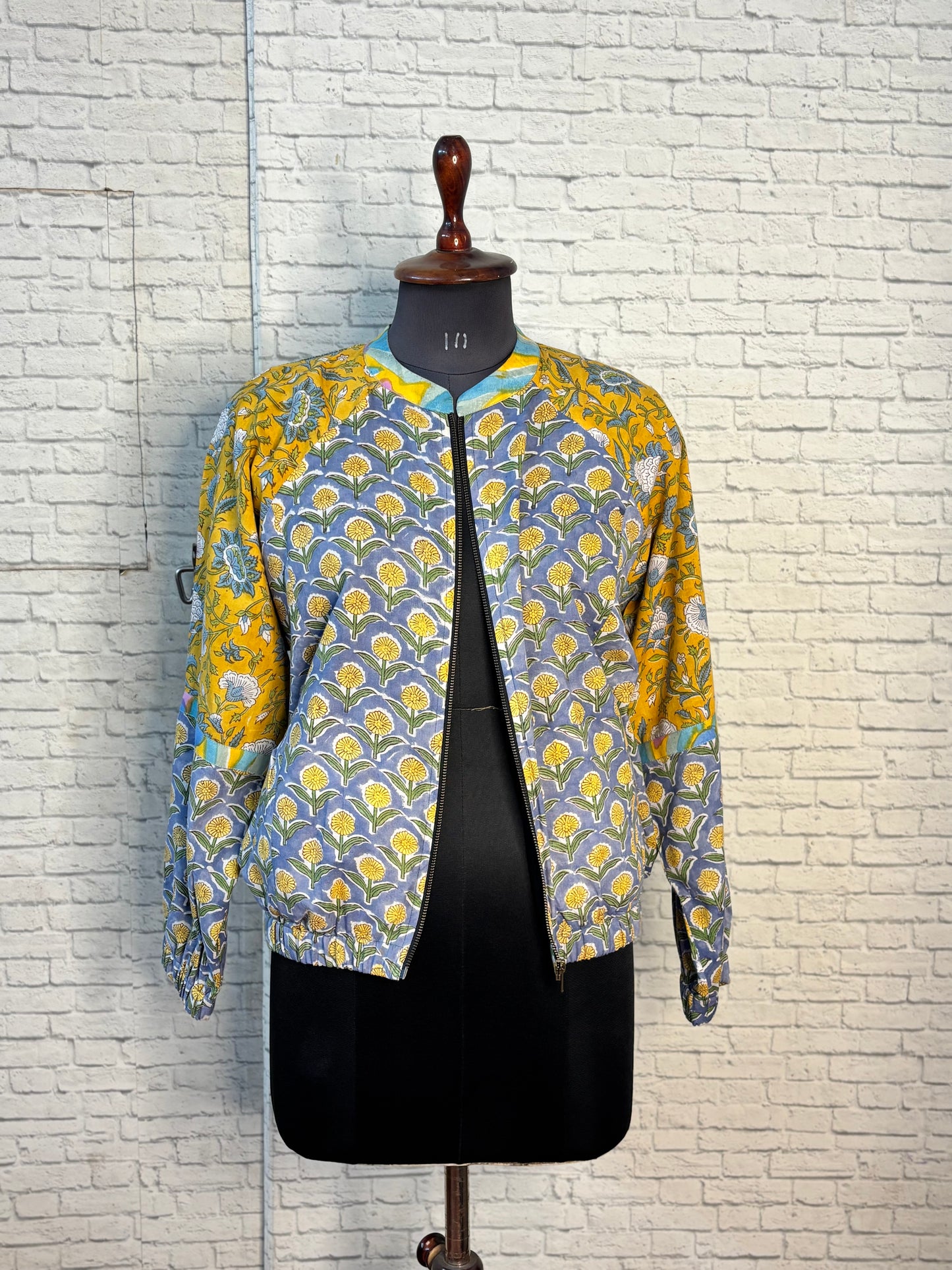 Grey Yellow Hand Block Printed Unisex Bomber Jacket