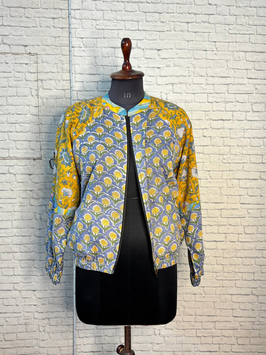 Grey Yellow Hand Block Printed Unisex Bomber Jacket