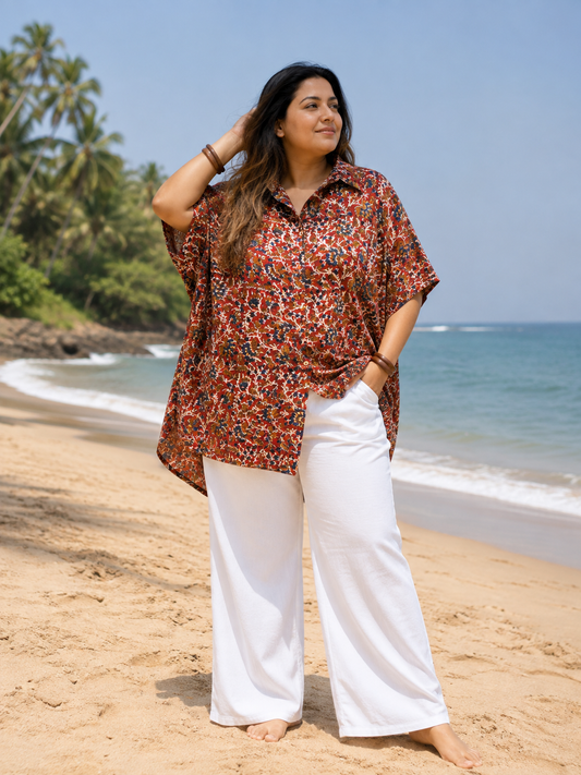 Red Kalamkari Hand Block Printed Cotton High Low Shirt Kaftan