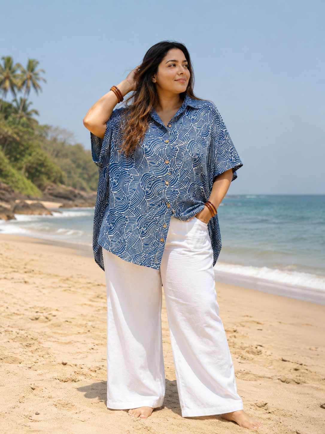 Indigo Waves Hand Block Printed Cotton High Low Shirt Kaftan