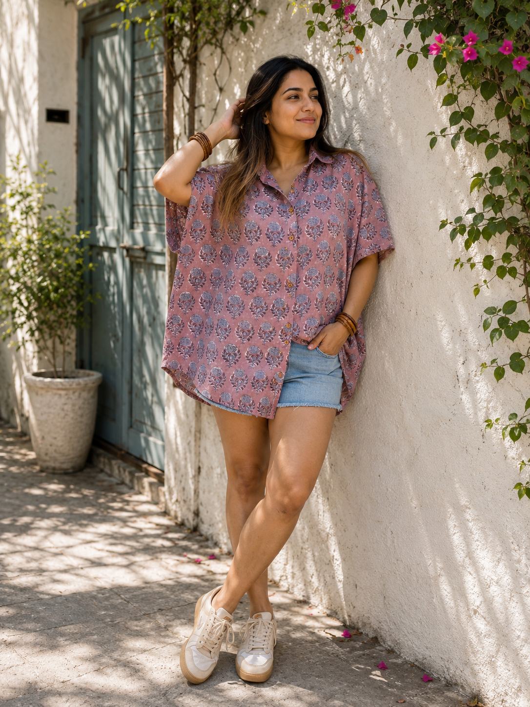 Lilac Flowers Hand Block Printed Cotton High Low Shirt Kaftan