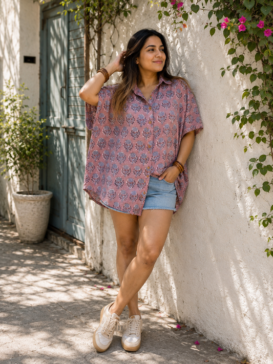 Lilac Flowers Hand Block Printed Cotton High Low Shirt Kaftan