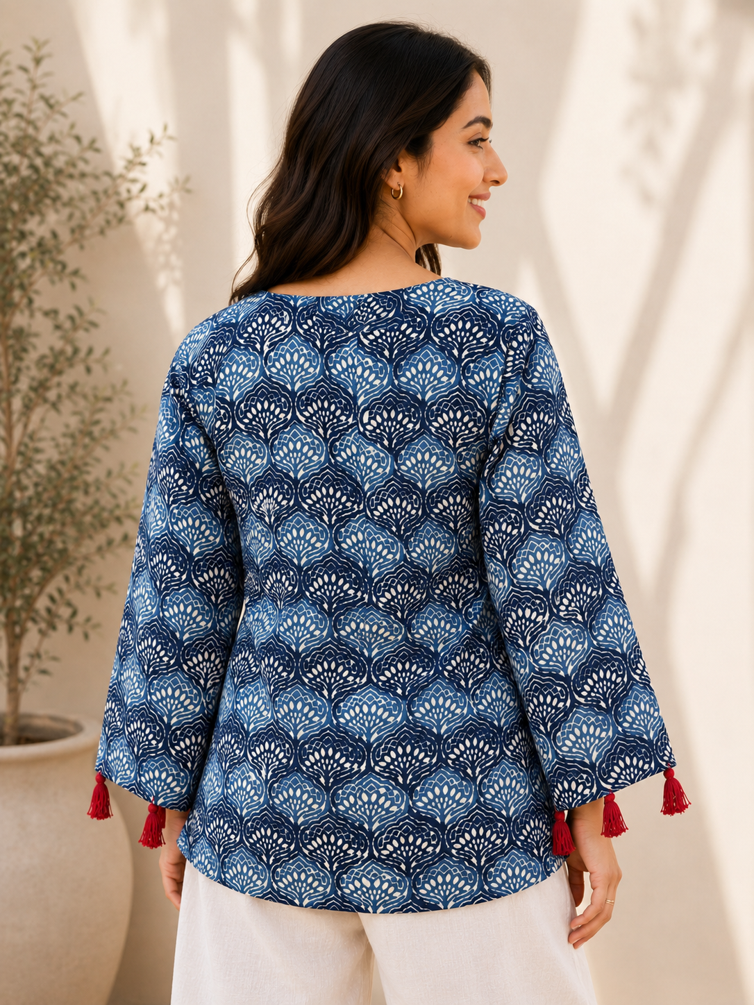 Leher Hand Block Printed Top with Bell Sleeves and Tassels