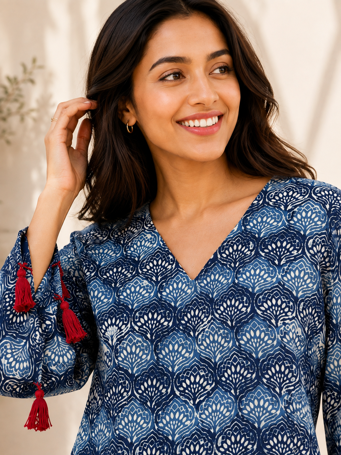 Leher Hand Block Printed Top with Bell Sleeves and Tassels