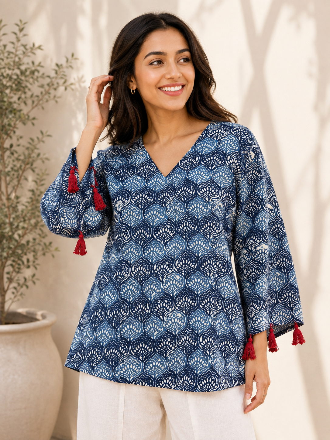 Leher Hand Block Printed Top with Bell Sleeves and Tassels