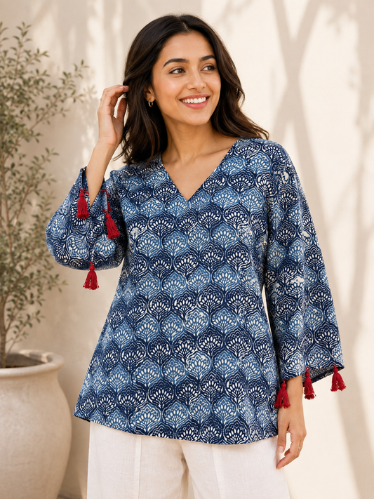 Leher Hand Block Printed Top with Bell Sleeves and Tassels