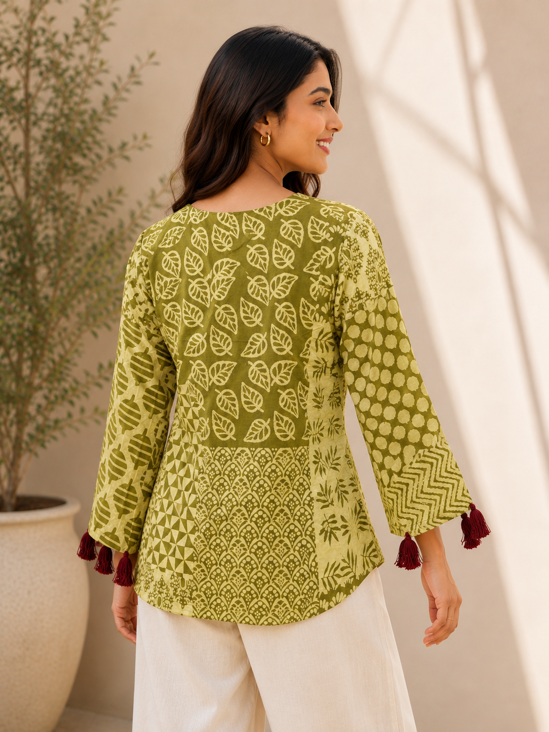 Olive Green Patch Hand Block Printed Top with Bell Sleeves and Tassels