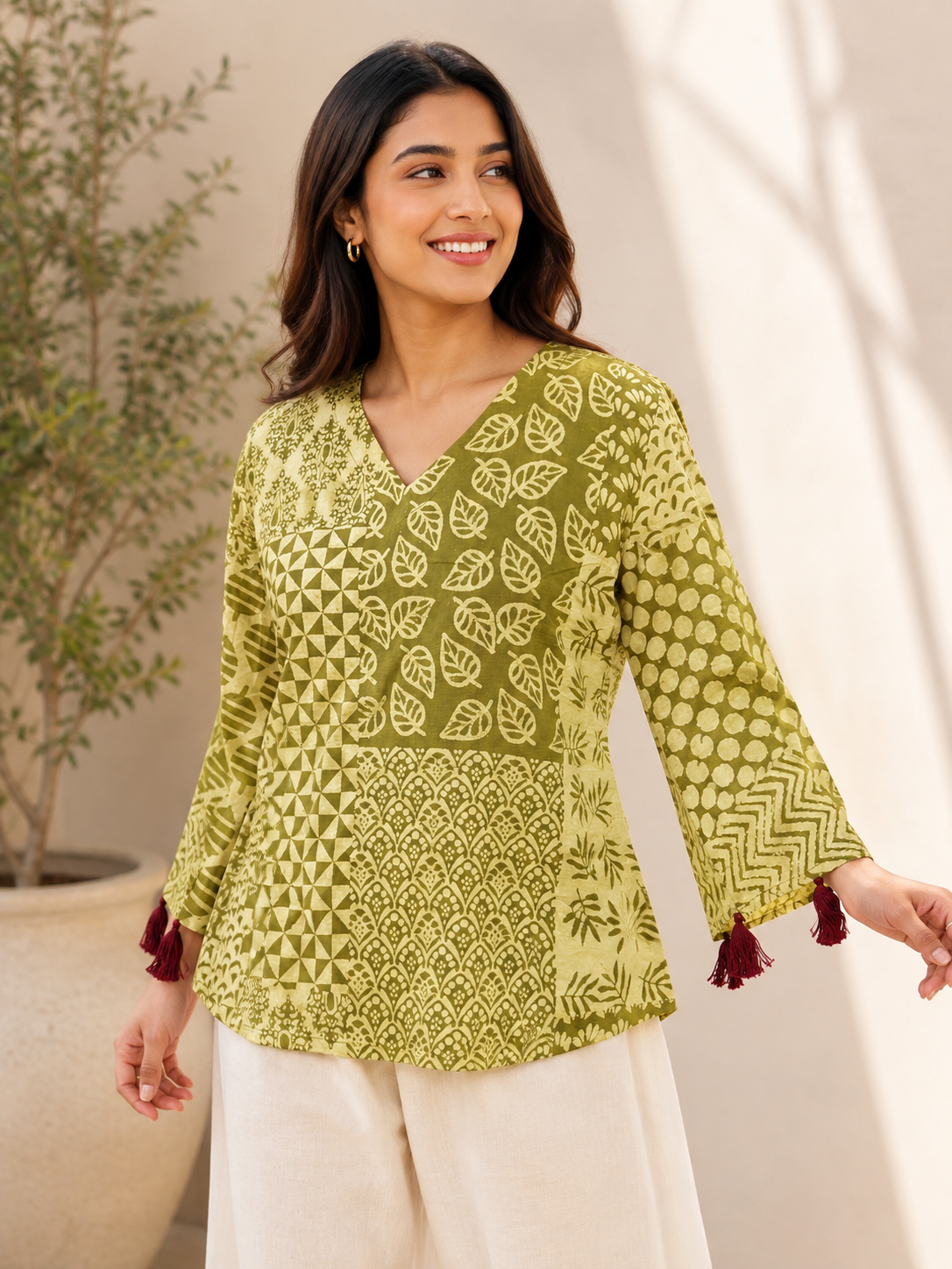 Olive Green Patch Hand Block Printed Top with Bell Sleeves and Tassels