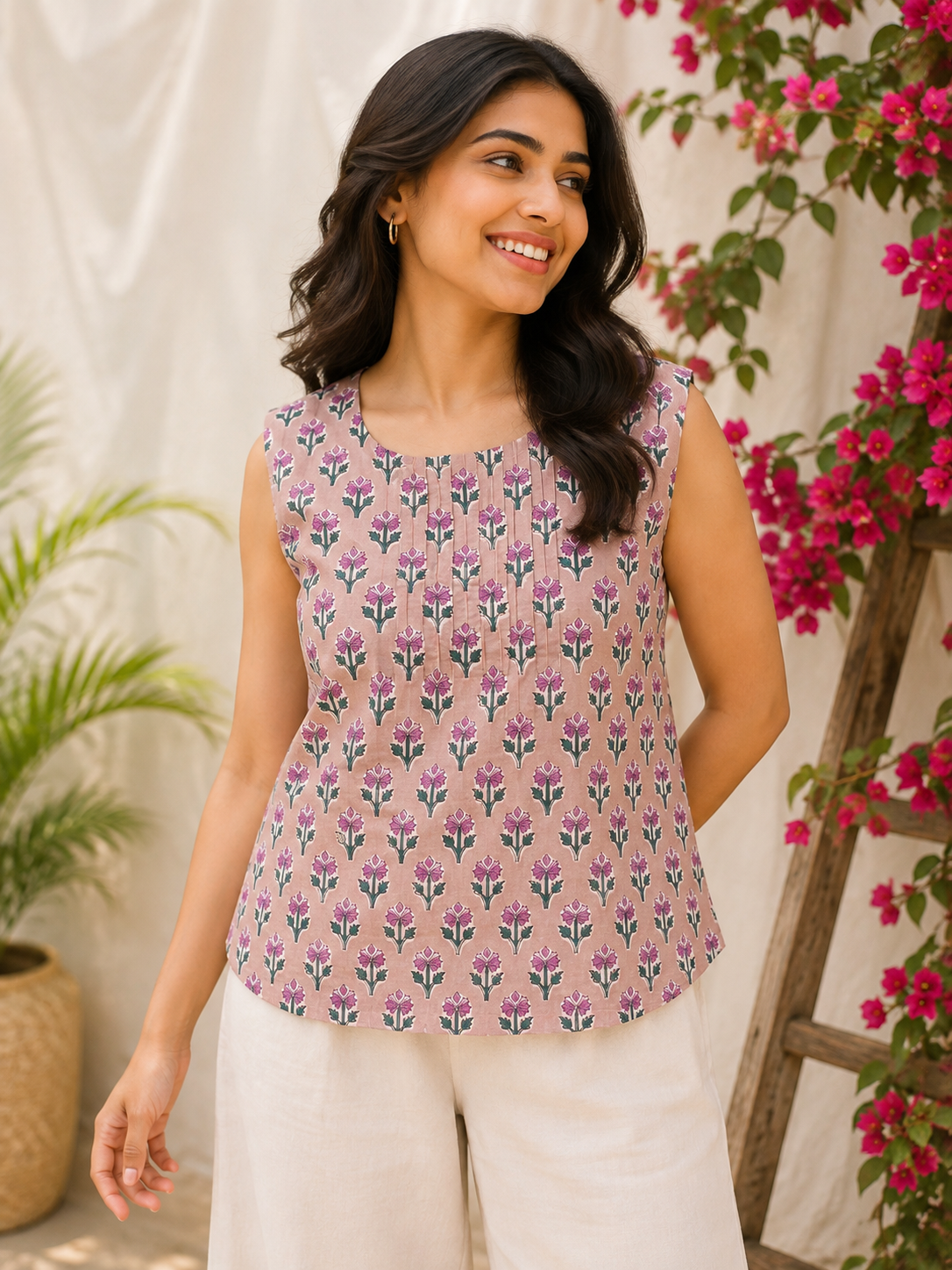 Brown Pink Hand Block Printed Sleeveless Top with Pintuck