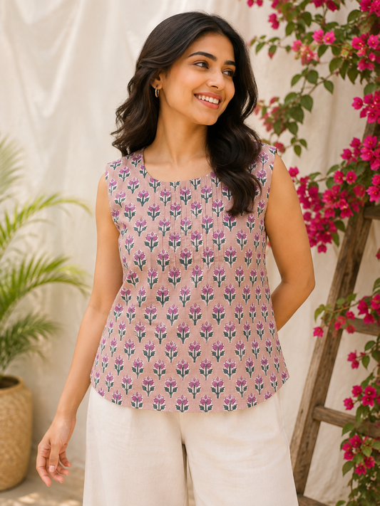 Brown Pink Hand Block Printed Sleeveless Top with Pintuck