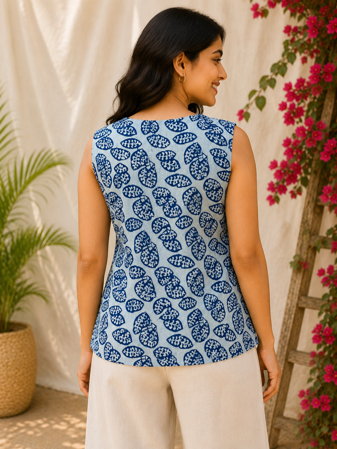 Indigo Leaf Hand Block Printed Sleeveless Top with Pintuck