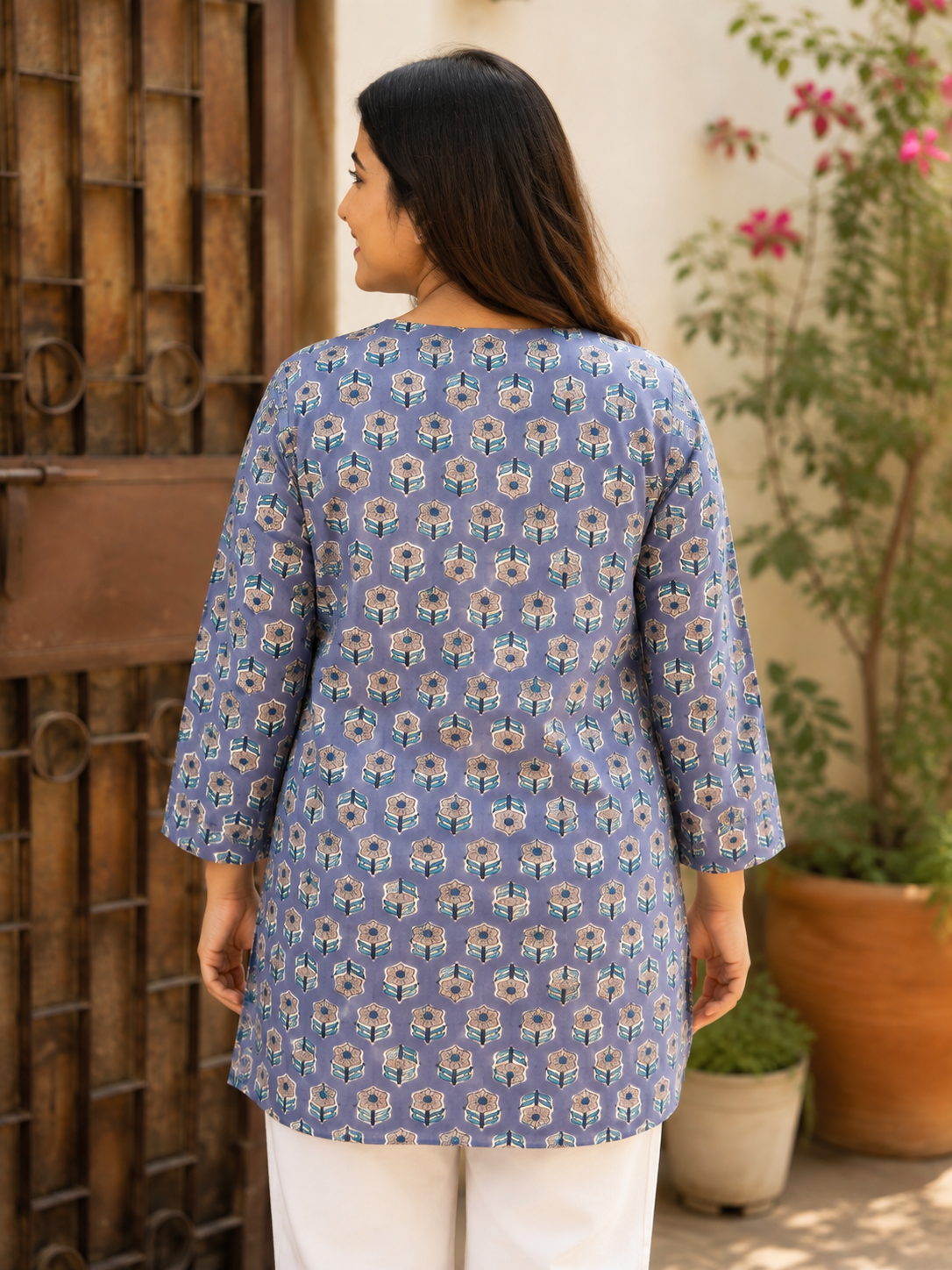 Purple Brown Floral Hand Block Printed Short Kurti