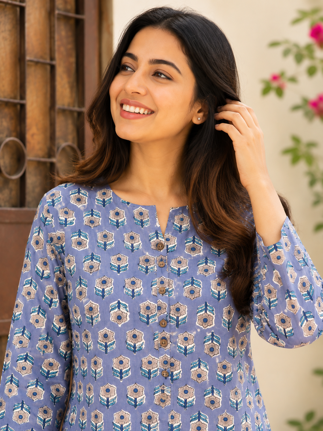 Purple Brown Floral Hand Block Printed Short Kurti
