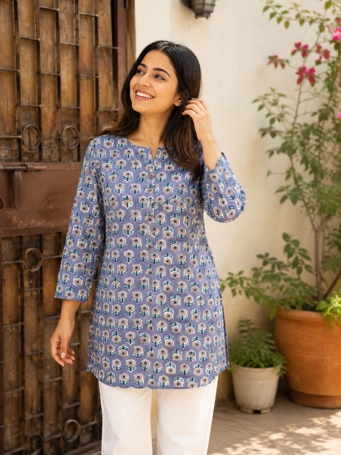 Purple Brown Floral Hand Block Printed Short Kurti