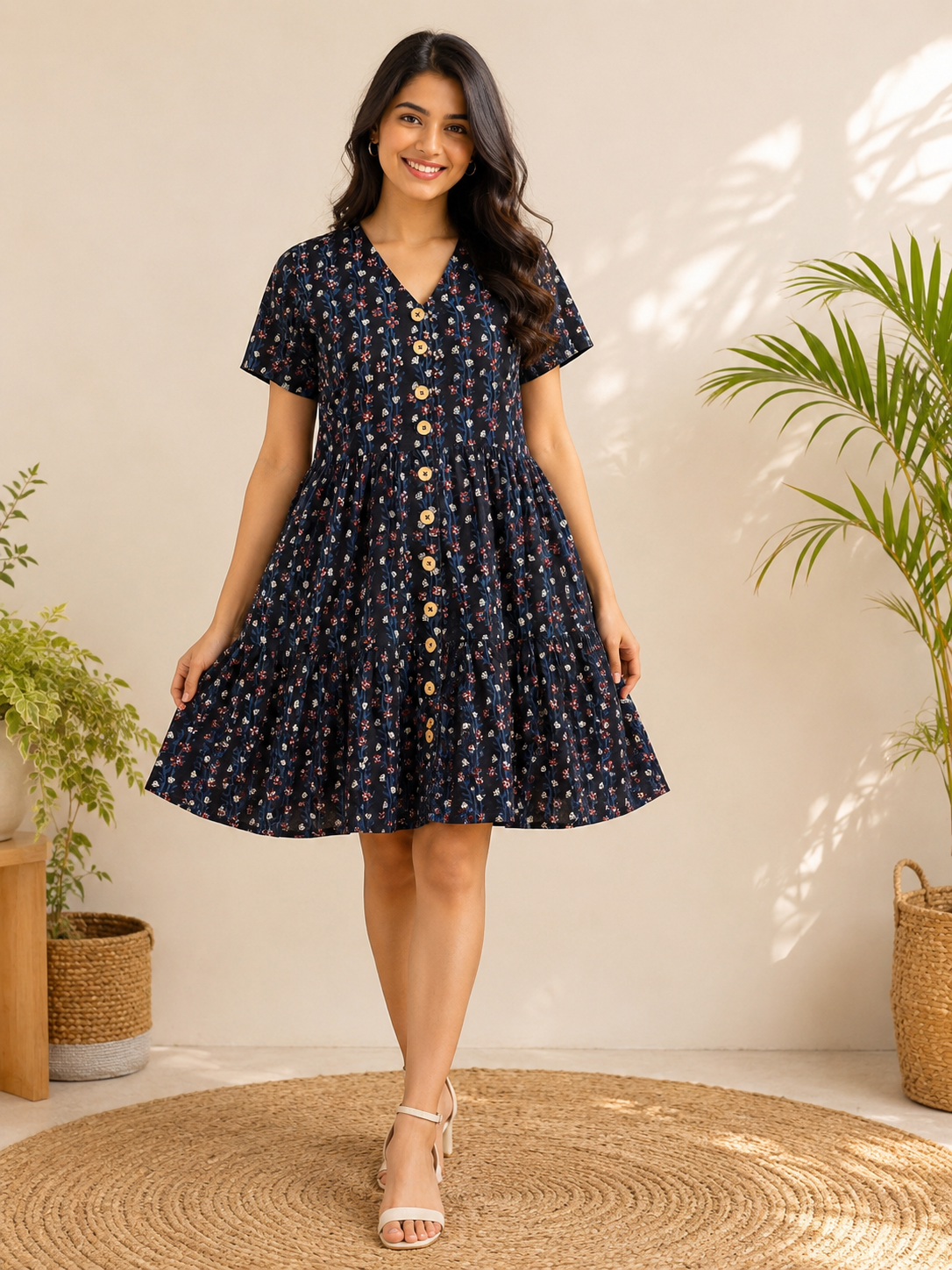 Raatrani Hand Block Printed Knee Length Tiered Button Down Dress