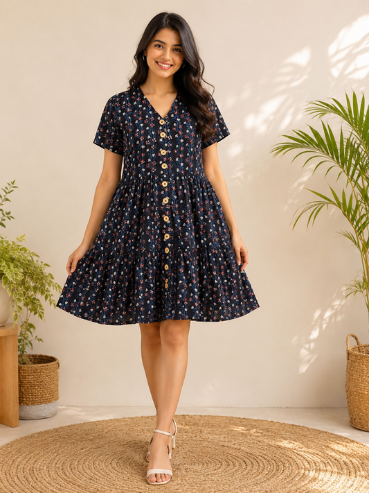 Raatrani Hand Block Printed Knee Length Tiered Button Down Dress