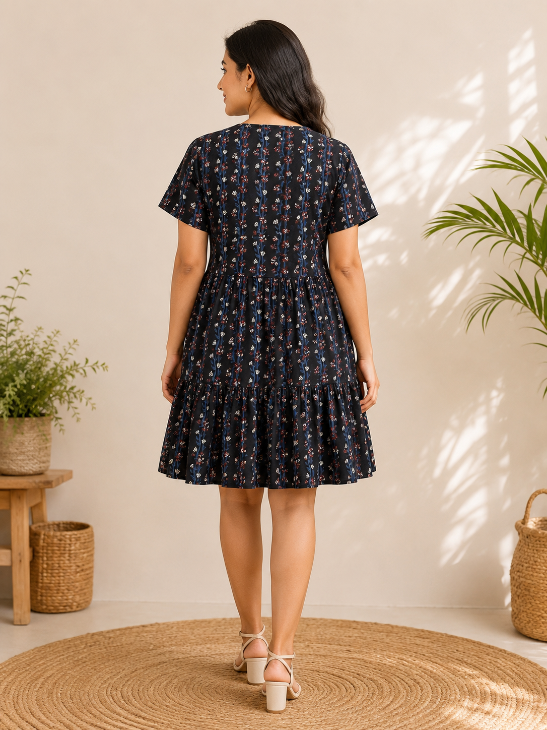 Raatrani Hand Block Printed Knee Length Tiered Button Down Dress