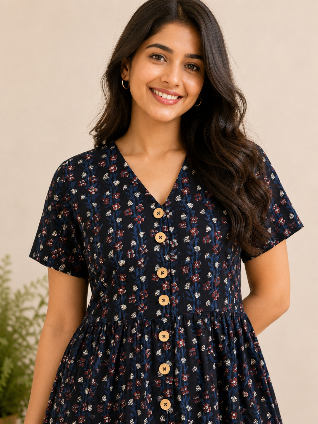 Raatrani Hand Block Printed Knee Length Tiered Button Down Dress