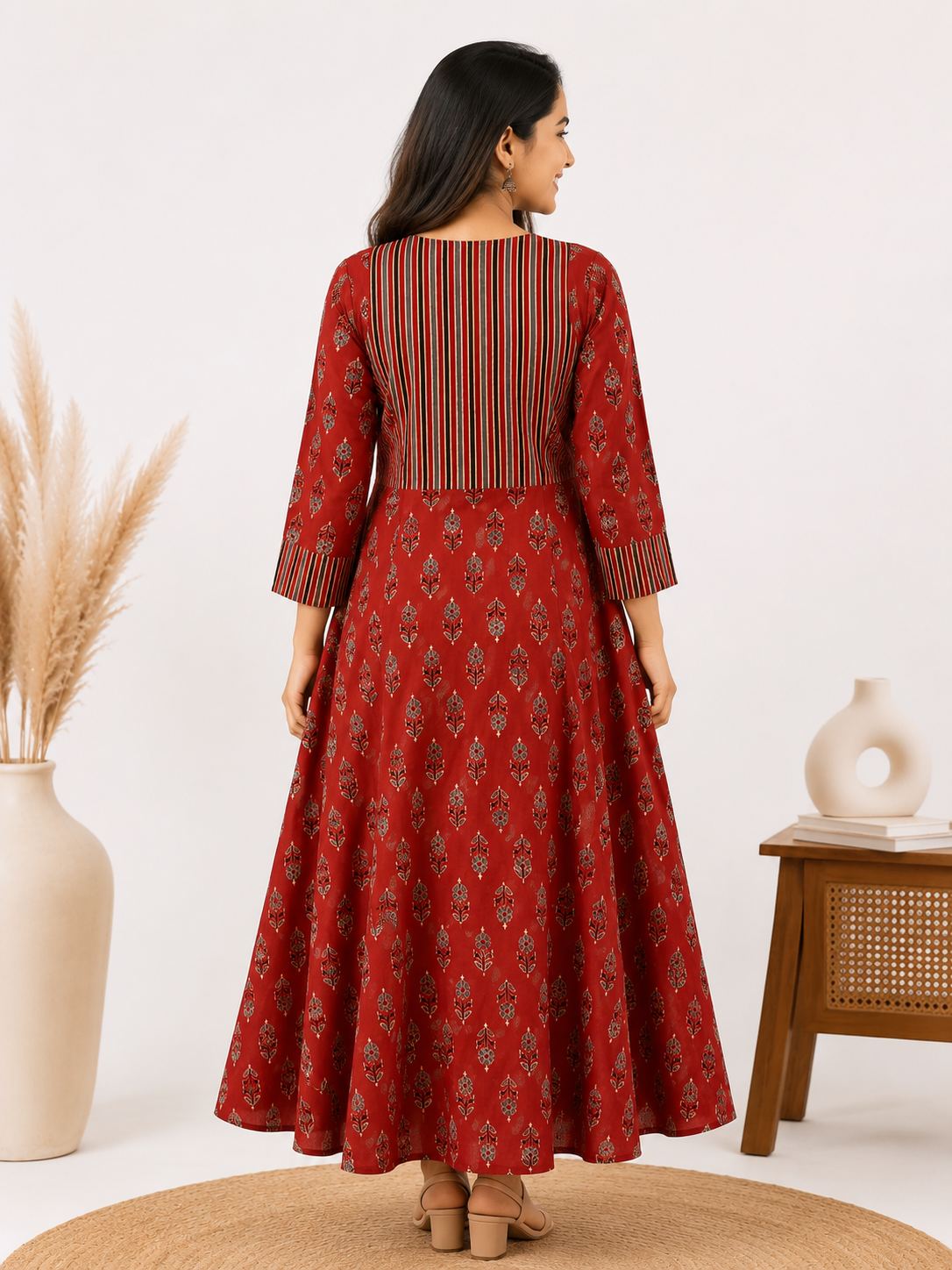 Red Flower Ajrakh A line Maxi Patch Dress