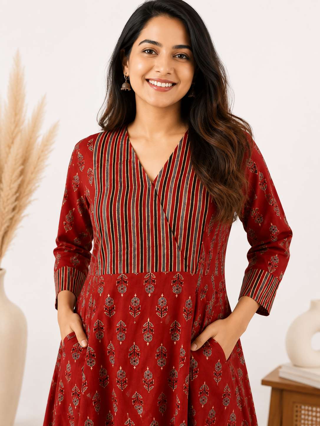 Red Flower Ajrakh A line Maxi Patch Dress