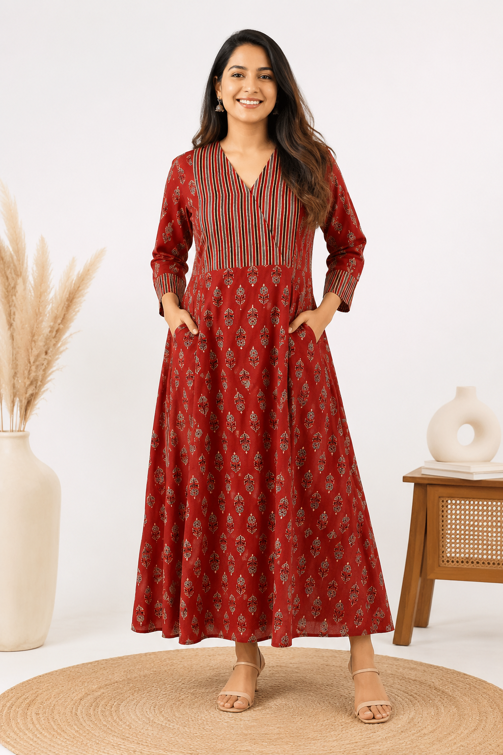 Red Flower Ajrakh A line Maxi Patch Dress
