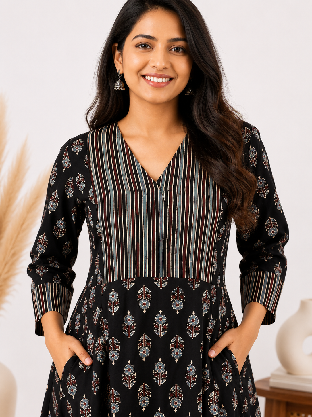 Black Ajrakh A line Maxi Patch Dress