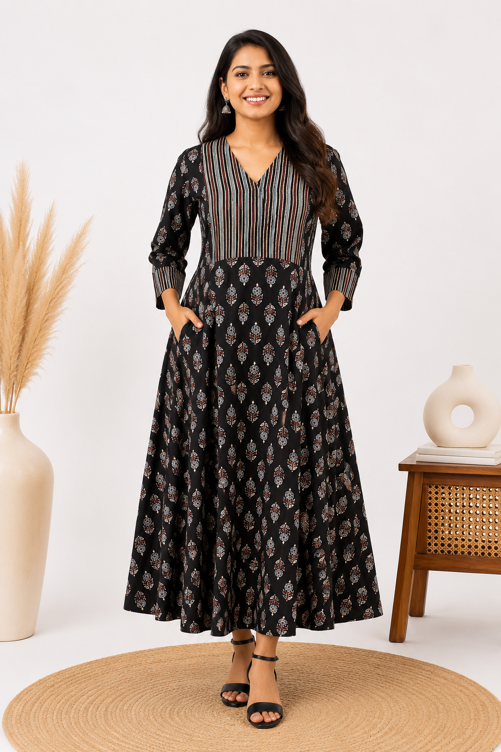 Black Ajrakh A line Maxi Patch Dress